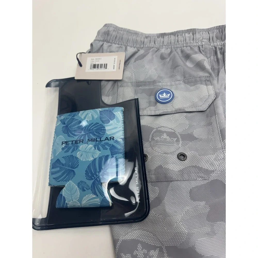 NWT Peter Millar Seaside Gray Camo & Logo Print Swim Trunks W/Koozie SMALL‎ $100